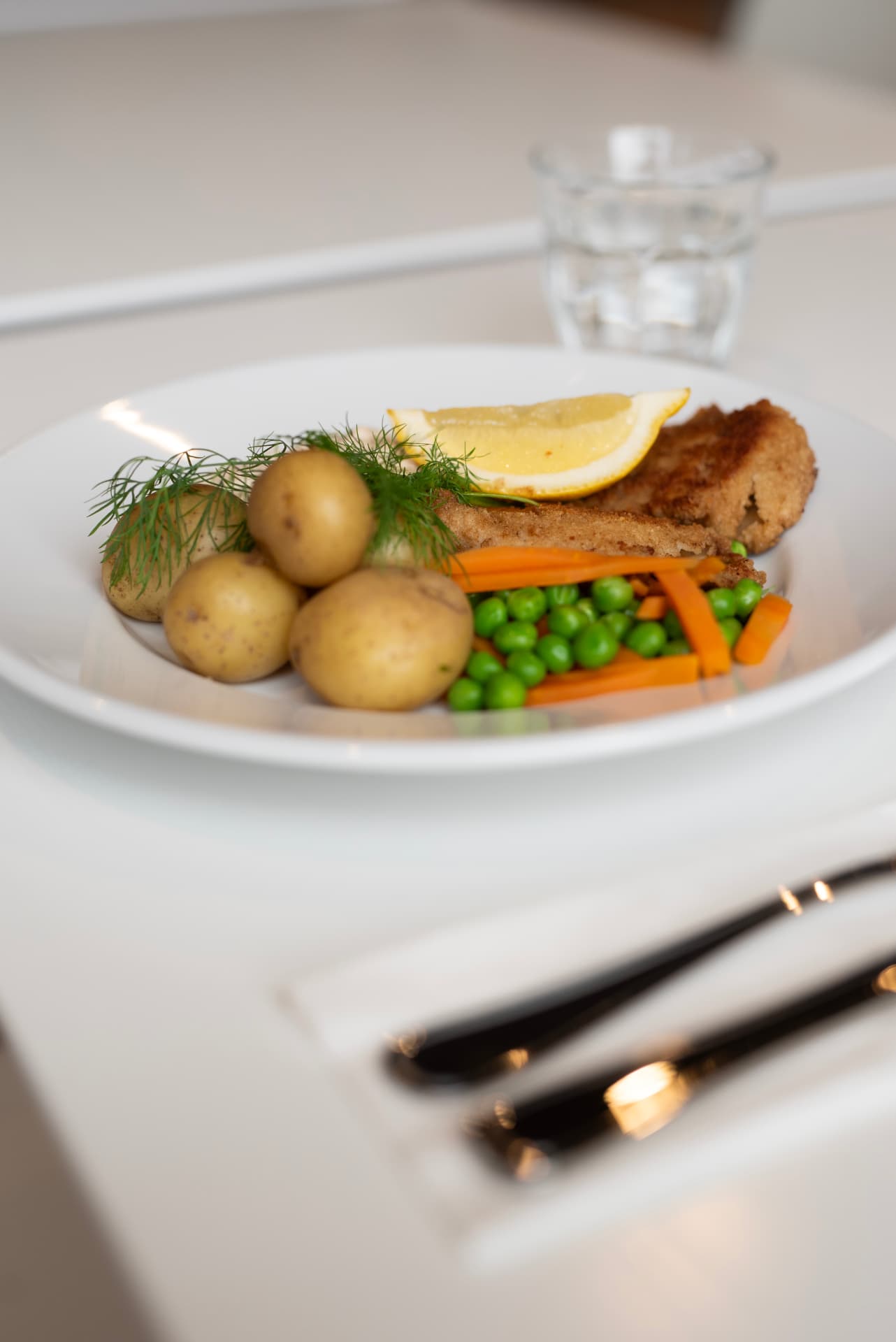 Vällagad lunchtallrik med varmrätt, nypotatis och grönsaker